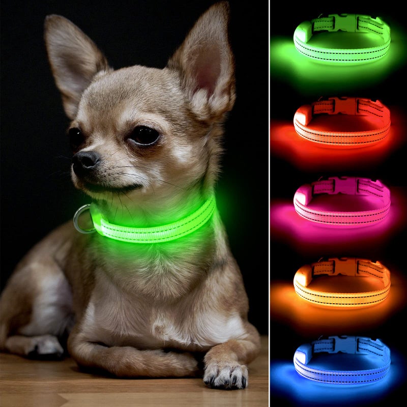 BSEEN Adjustable LED Dog & Cat Collar - Rechargeable, Small Breeds, Green, 8.5-11.8 inches, Nylon, Lightweight, Reflective, 2 Flash Modes - Image 1